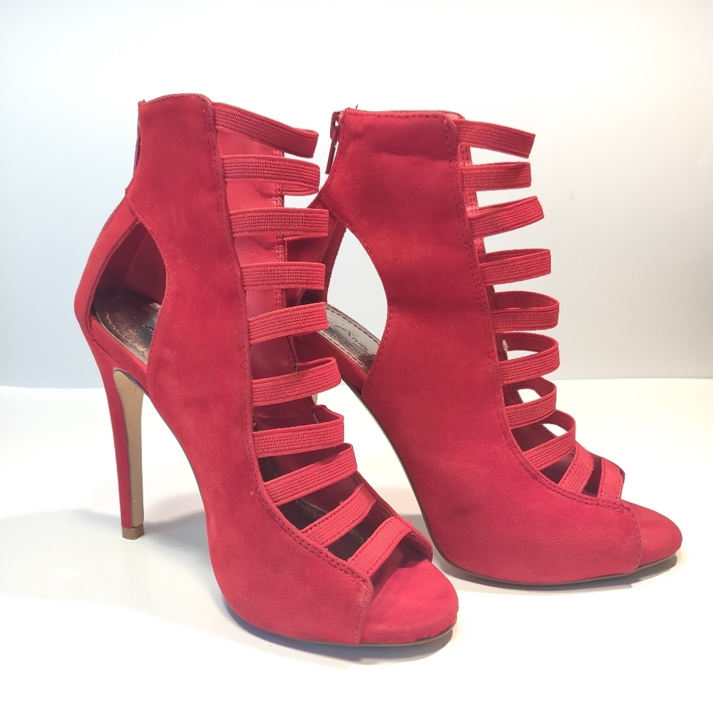 Anne Michelle red faux suede red caged heels